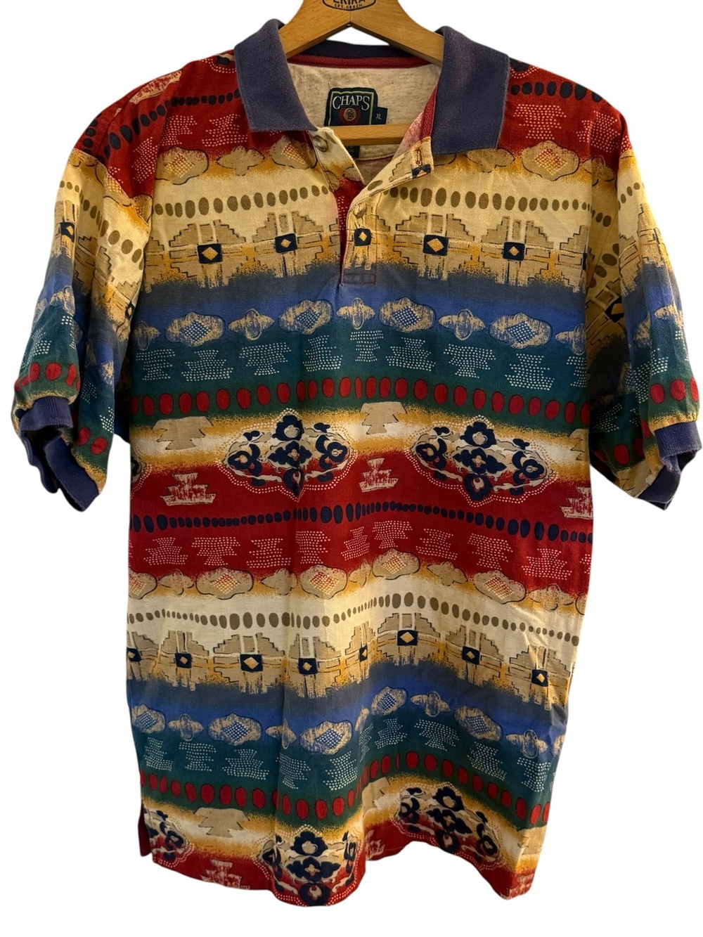 Chaps Ralph Lauren Vintage Polo Shirt Mens XL Multicolor Graphic Print